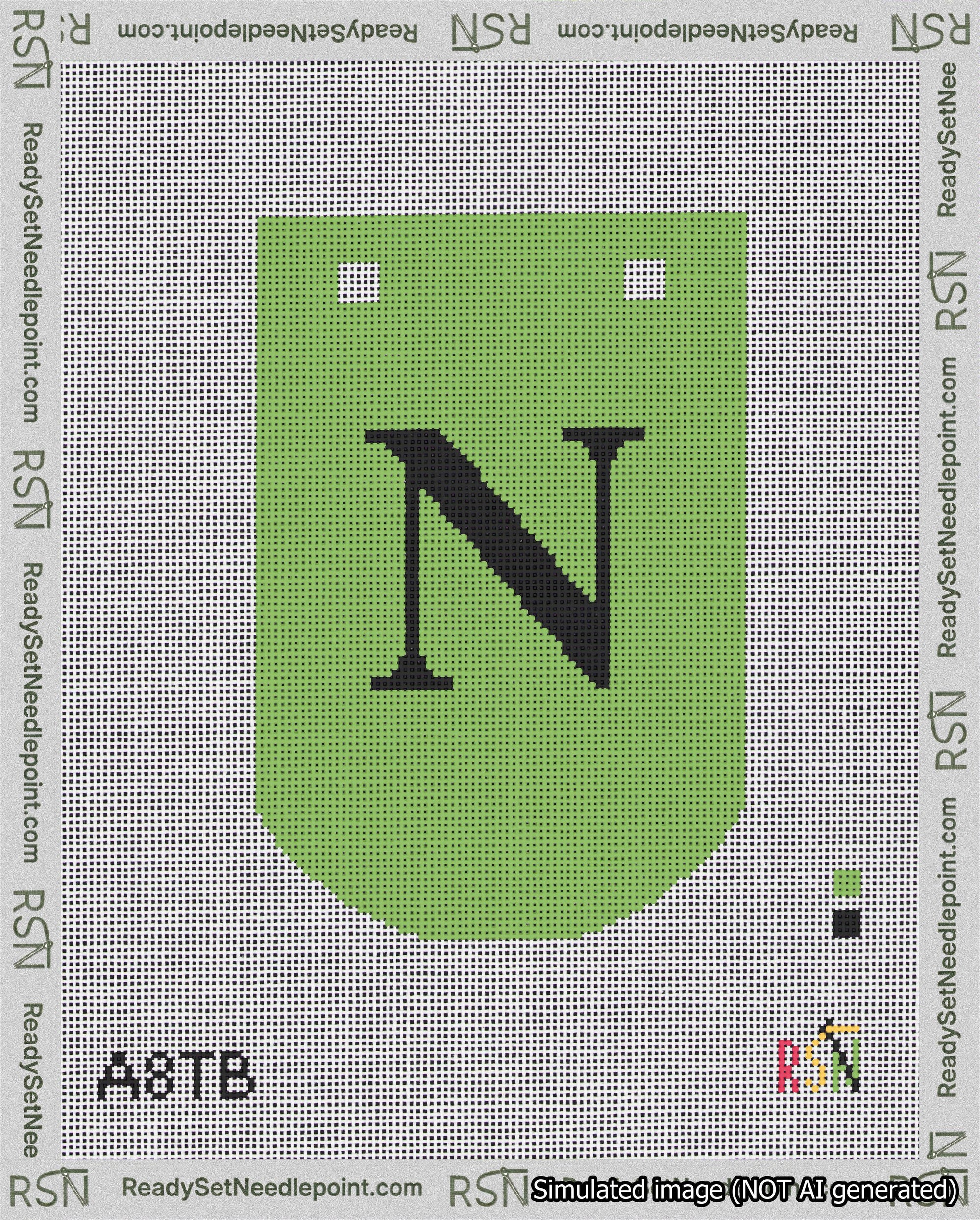 A taped needlepoint canvas with the design: Banner 18 mesh count Curved N Black on Light Green.