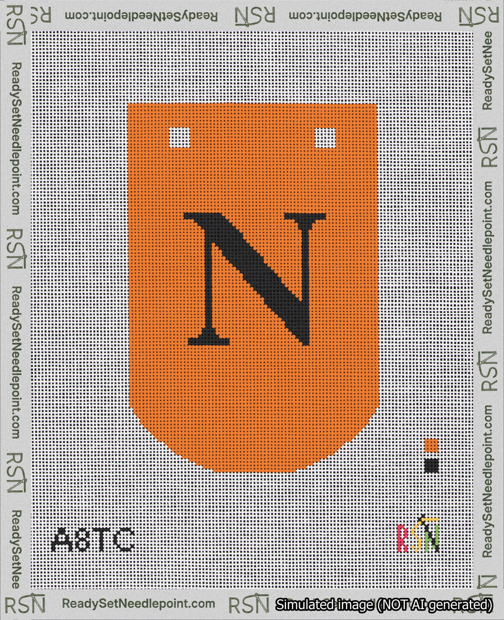 A taped needlepoint canvas with the design: Banner 18 mesh count Curved N Black on Orange.