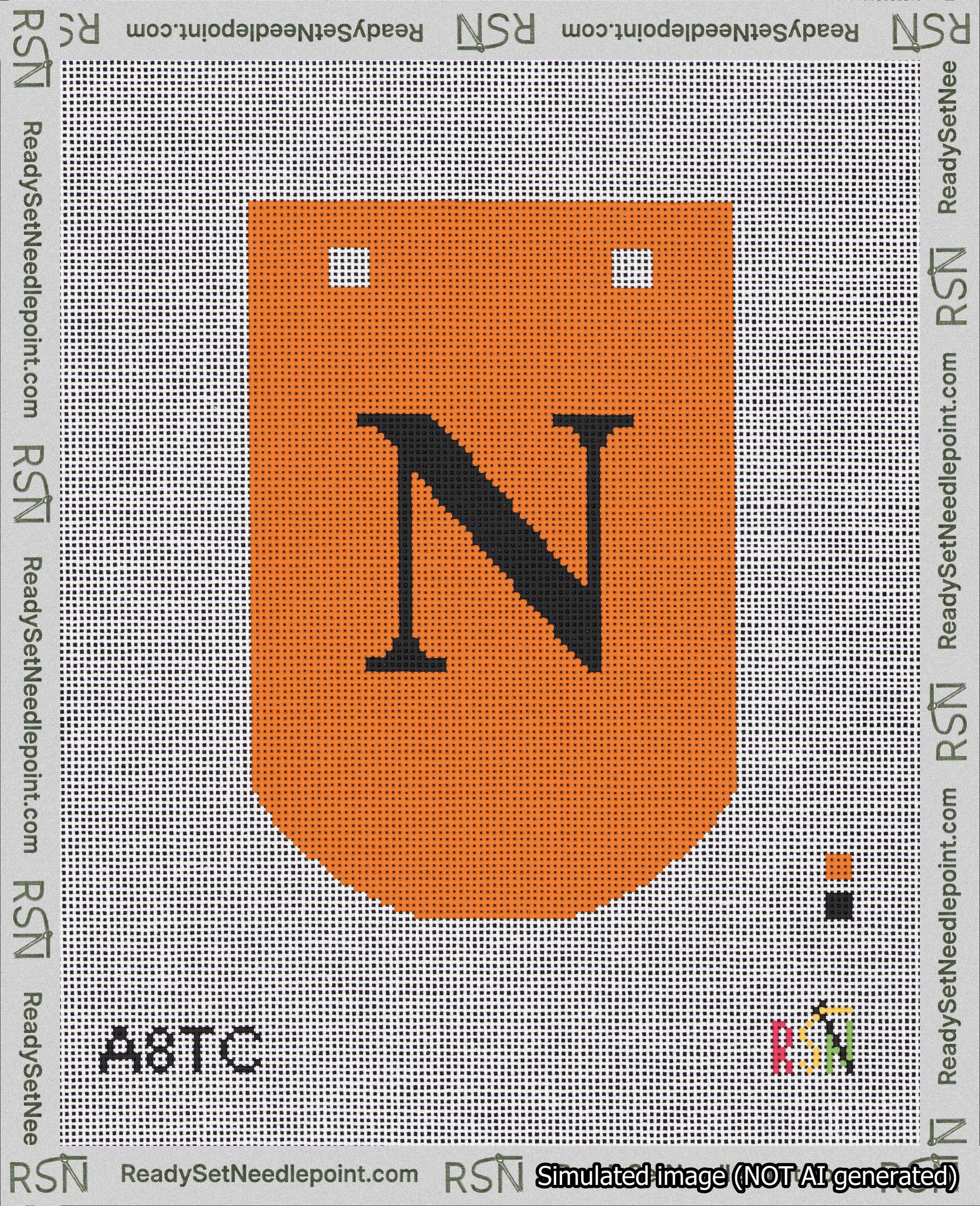 A taped needlepoint canvas with the design: Banner 18 mesh count Curved N Black on Orange.