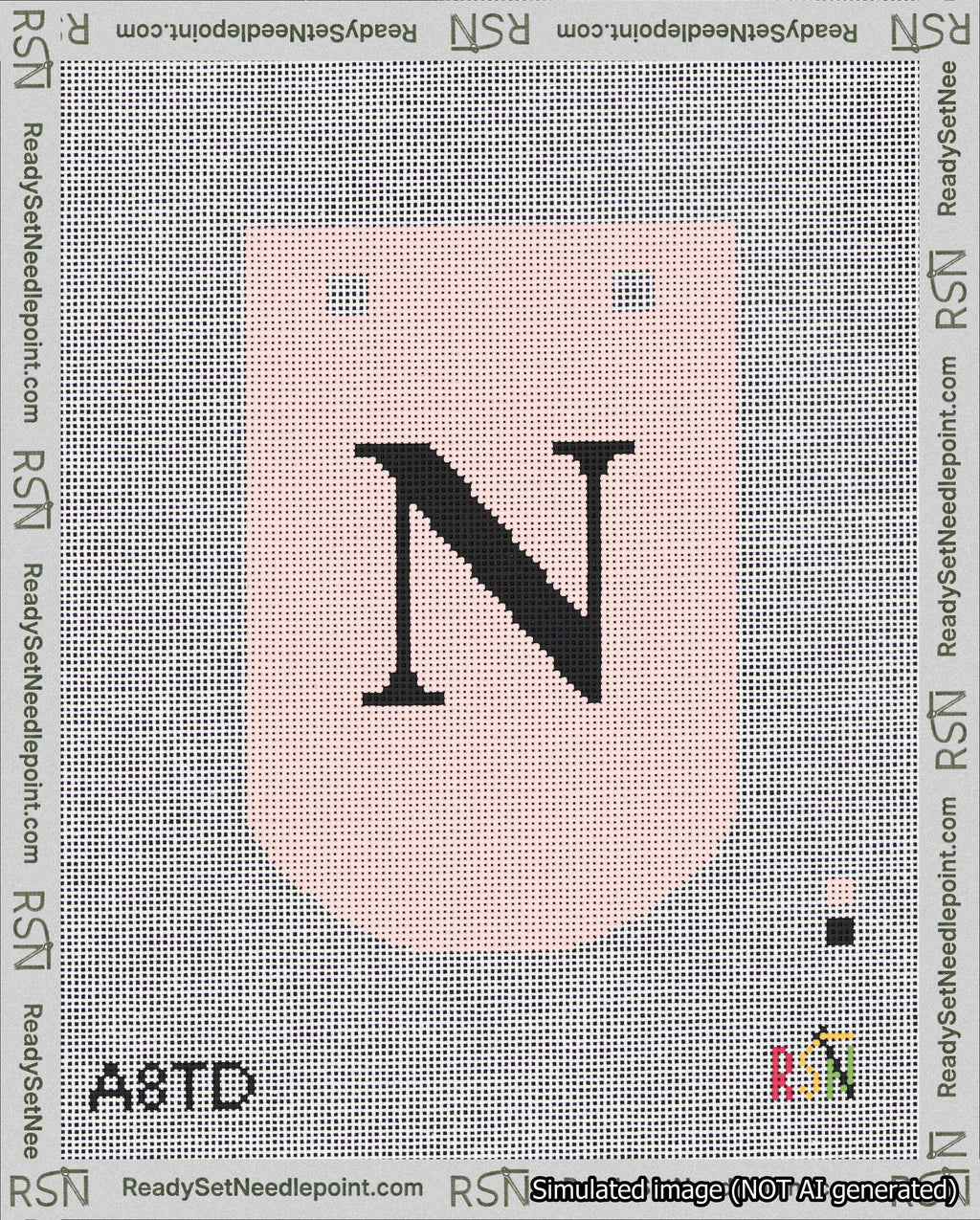 A taped needlepoint canvas with the design: Banner 18 mesh count Curved N Black on Pink.