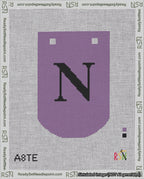 A taped needlepoint canvas with the design: Banner 18 mesh count Curved N Black on Purple.
