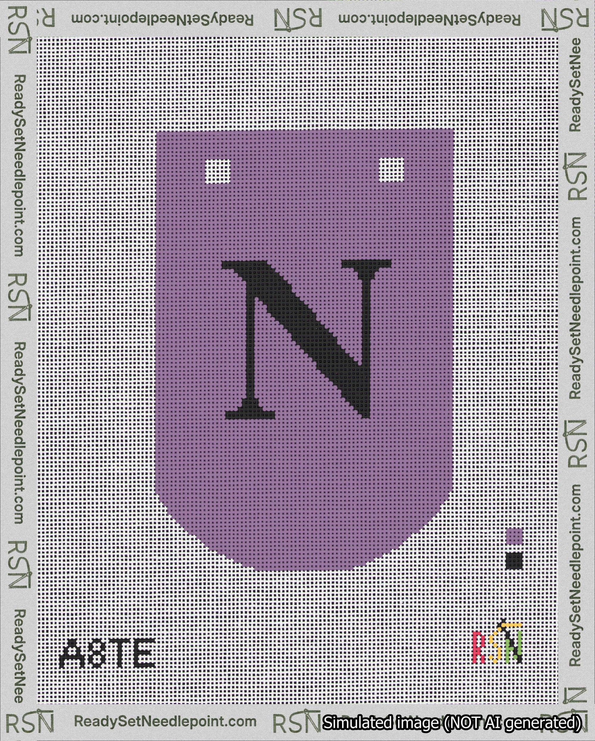 A taped needlepoint canvas with the design: Banner 18 mesh count Curved N Black on Purple.