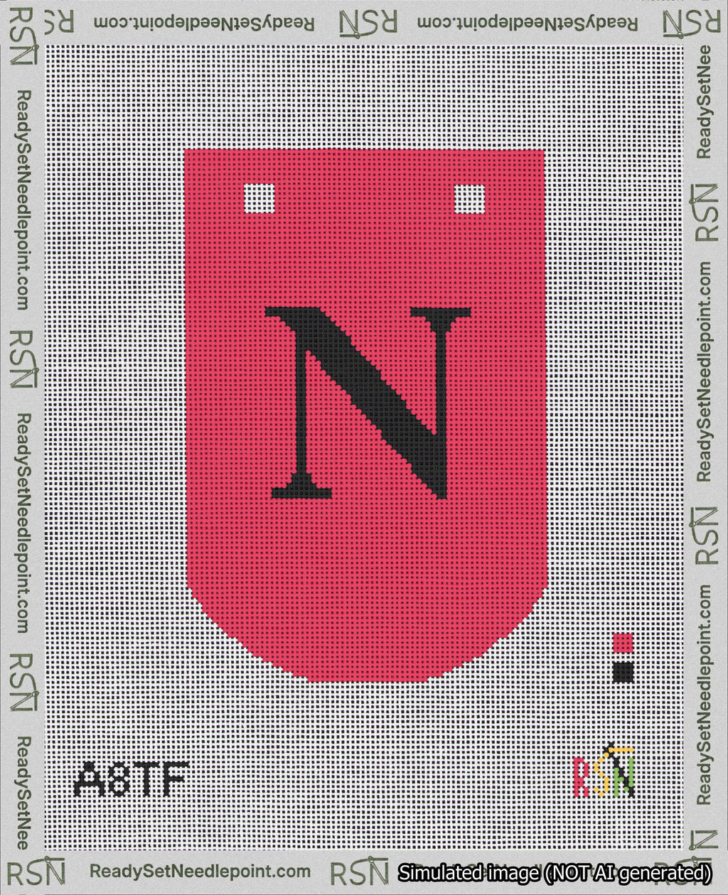 A taped needlepoint canvas with the design: Banner 18 mesh count Curved N Black on Red.