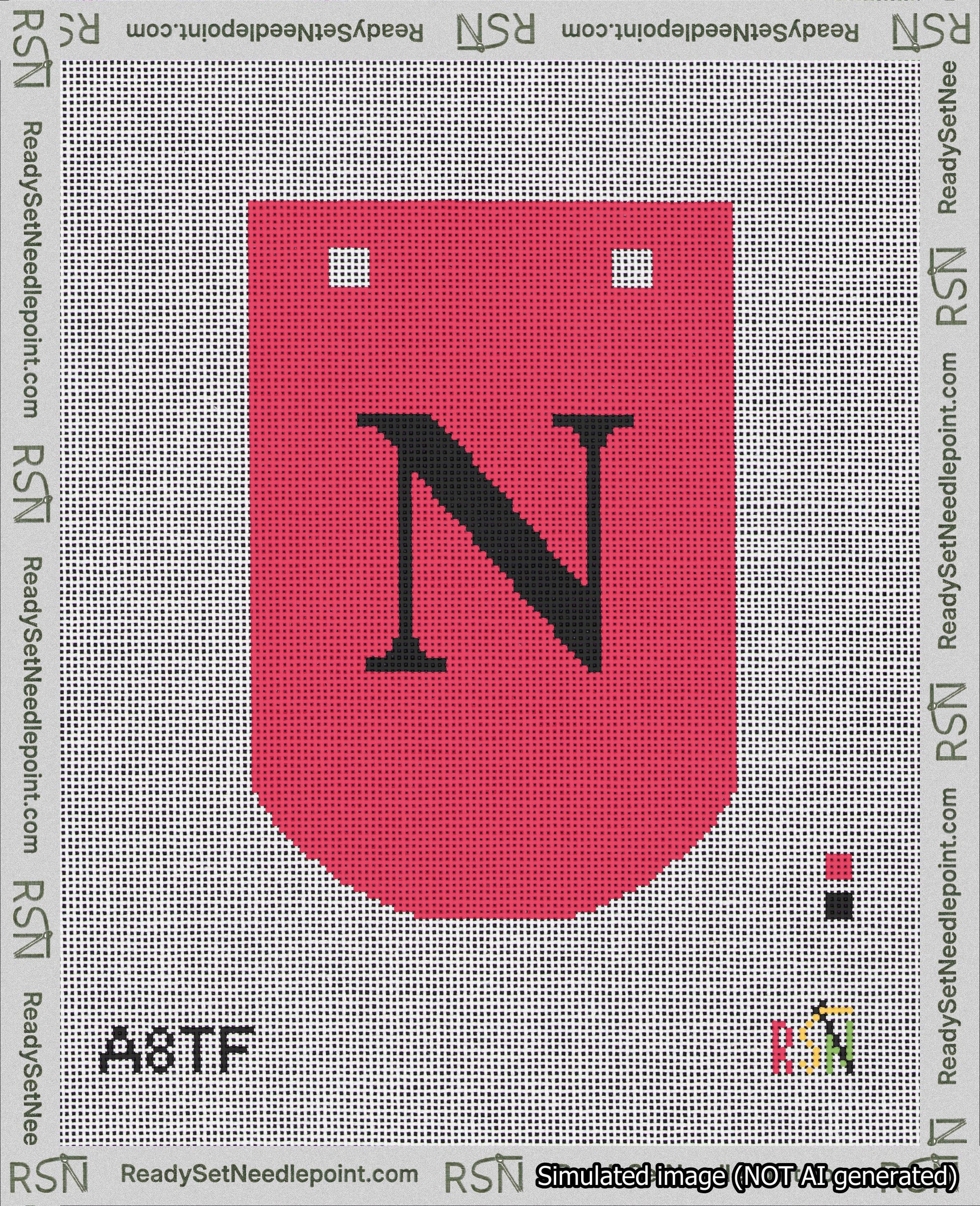 A taped needlepoint canvas with the design: Banner 18 mesh count Curved N Black on Red.