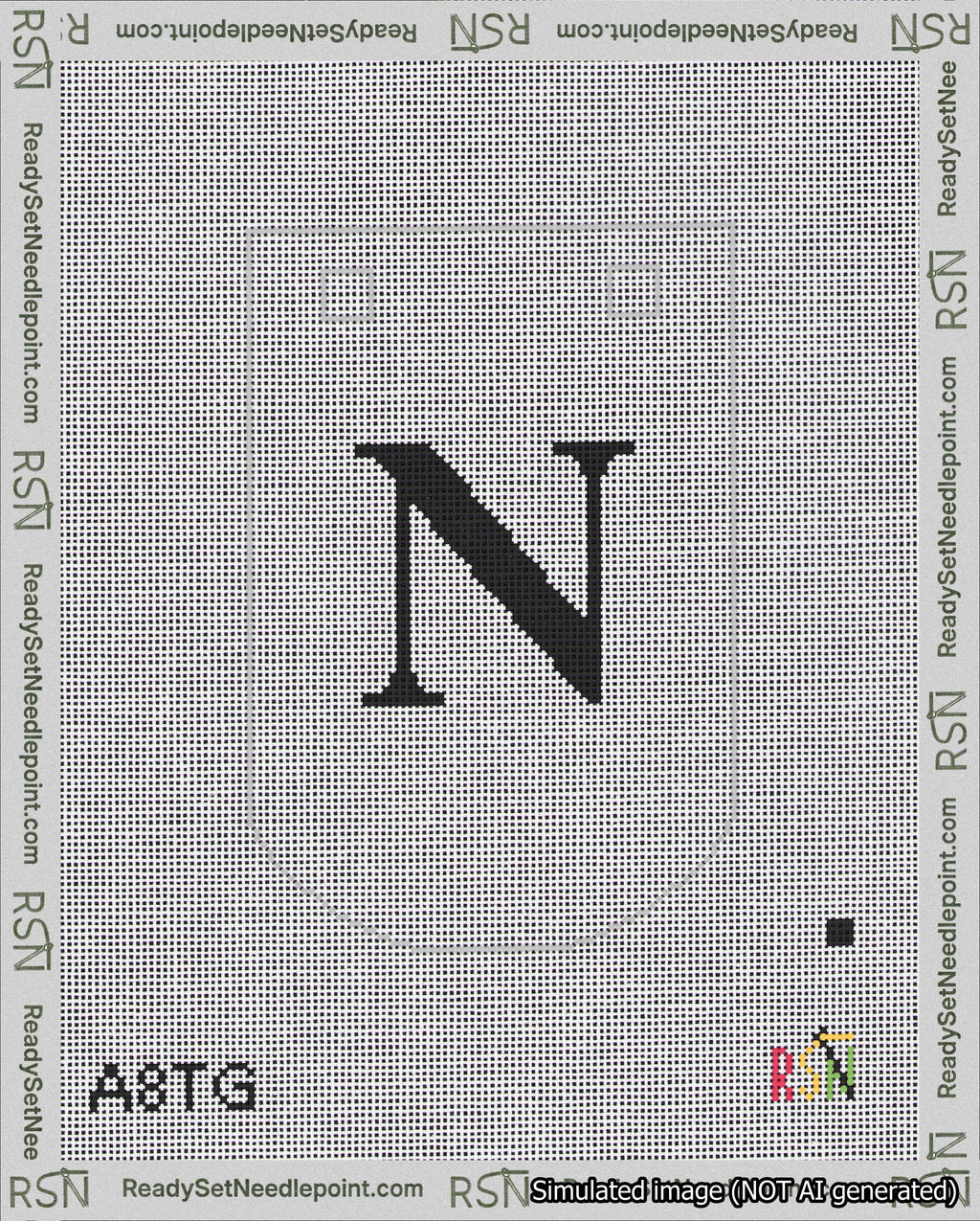 A taped needlepoint canvas with the design: Banner 18 mesh count Curved N Black on White.