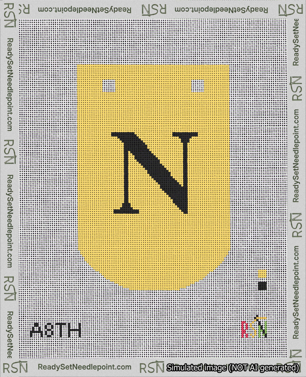 A taped needlepoint canvas with the design: Banner 18 mesh count Curved N Black on Yellow.