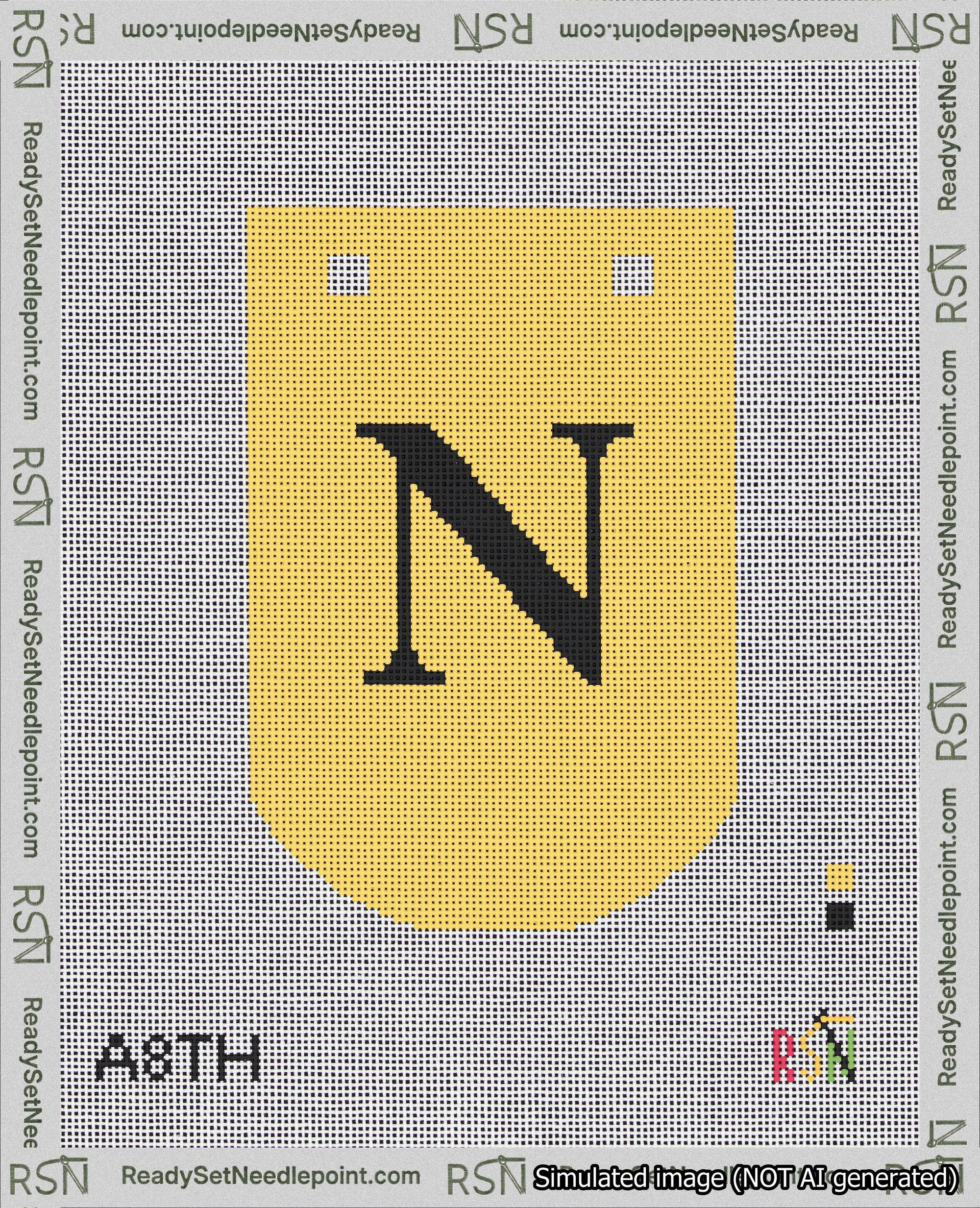 A taped needlepoint canvas with the design: Banner 18 mesh count Curved N Black on Yellow.