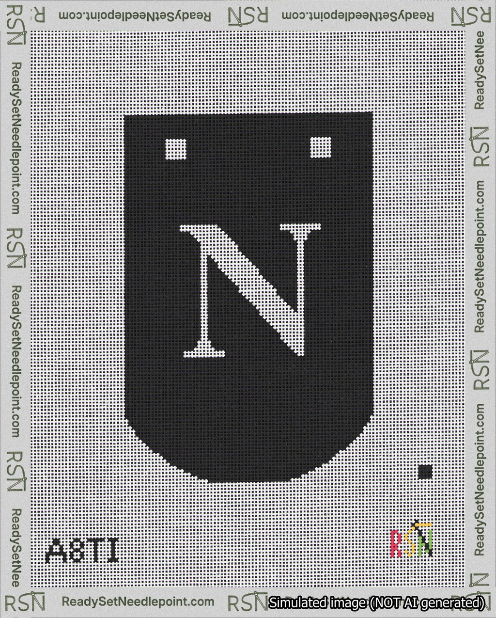 A taped needlepoint canvas with the design: Banner 18 mesh count Curved N White on Black.