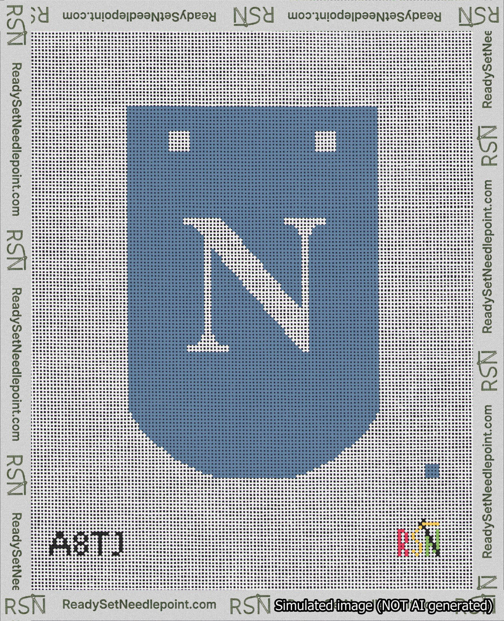 A taped needlepoint canvas with the design: Banner 18 mesh count Curved N White on Blue.