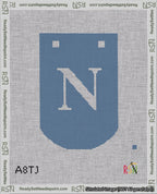 A taped needlepoint canvas with the design: Banner 18 mesh count Curved N White on Blue.