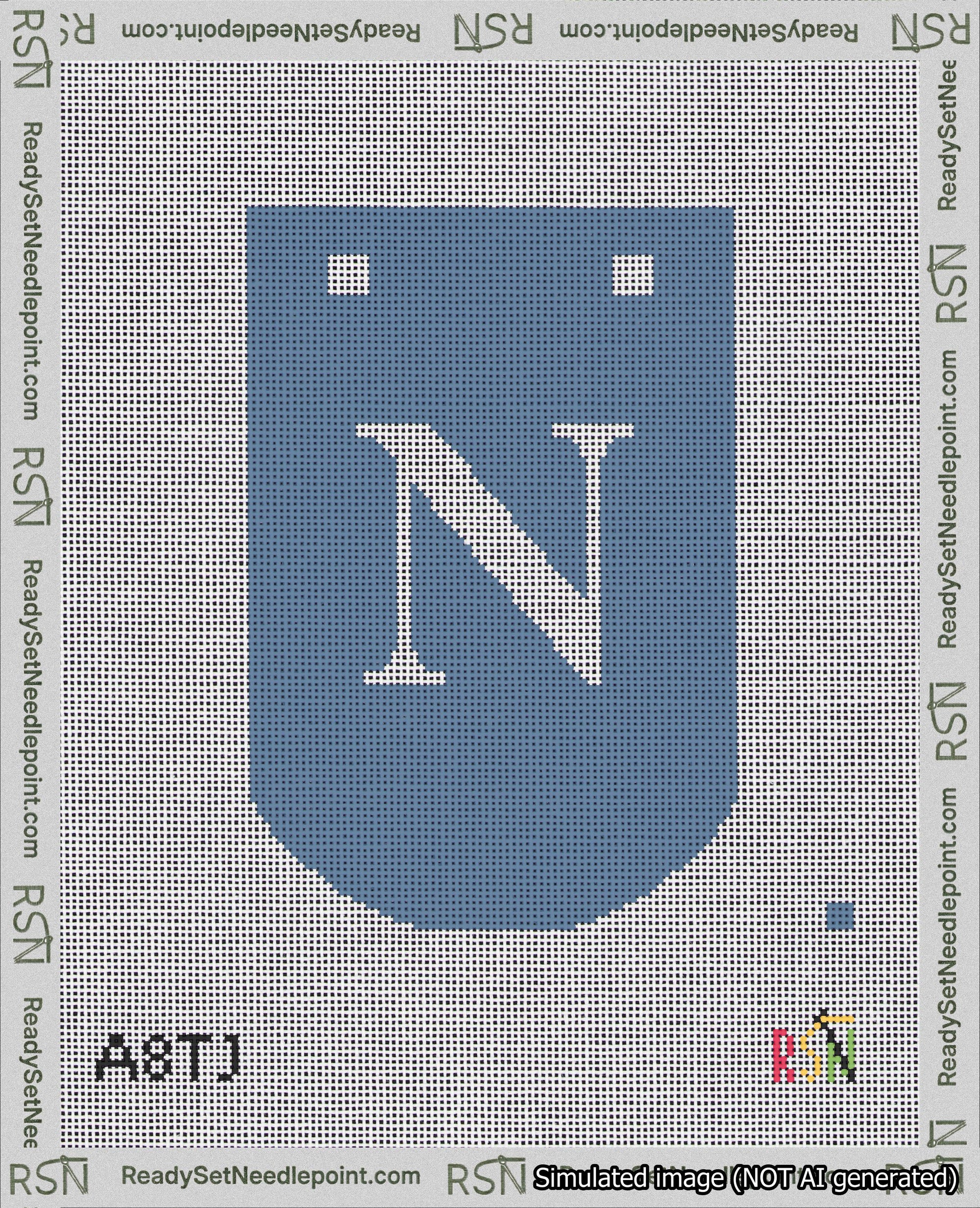 A taped needlepoint canvas with the design: Banner 18 mesh count Curved N White on Blue.