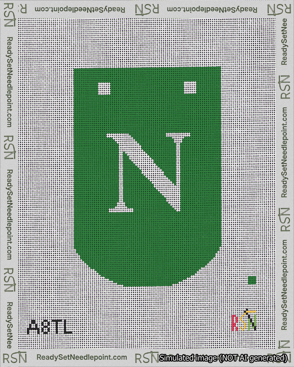 A taped needlepoint canvas with the design: Banner 18 mesh count Curved N White on Green.