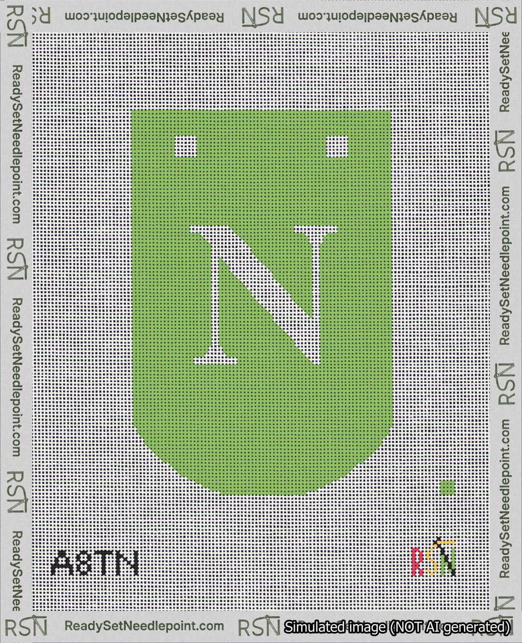 A taped needlepoint canvas with the design: Banner 18 mesh count Curved N White on Light Green.
