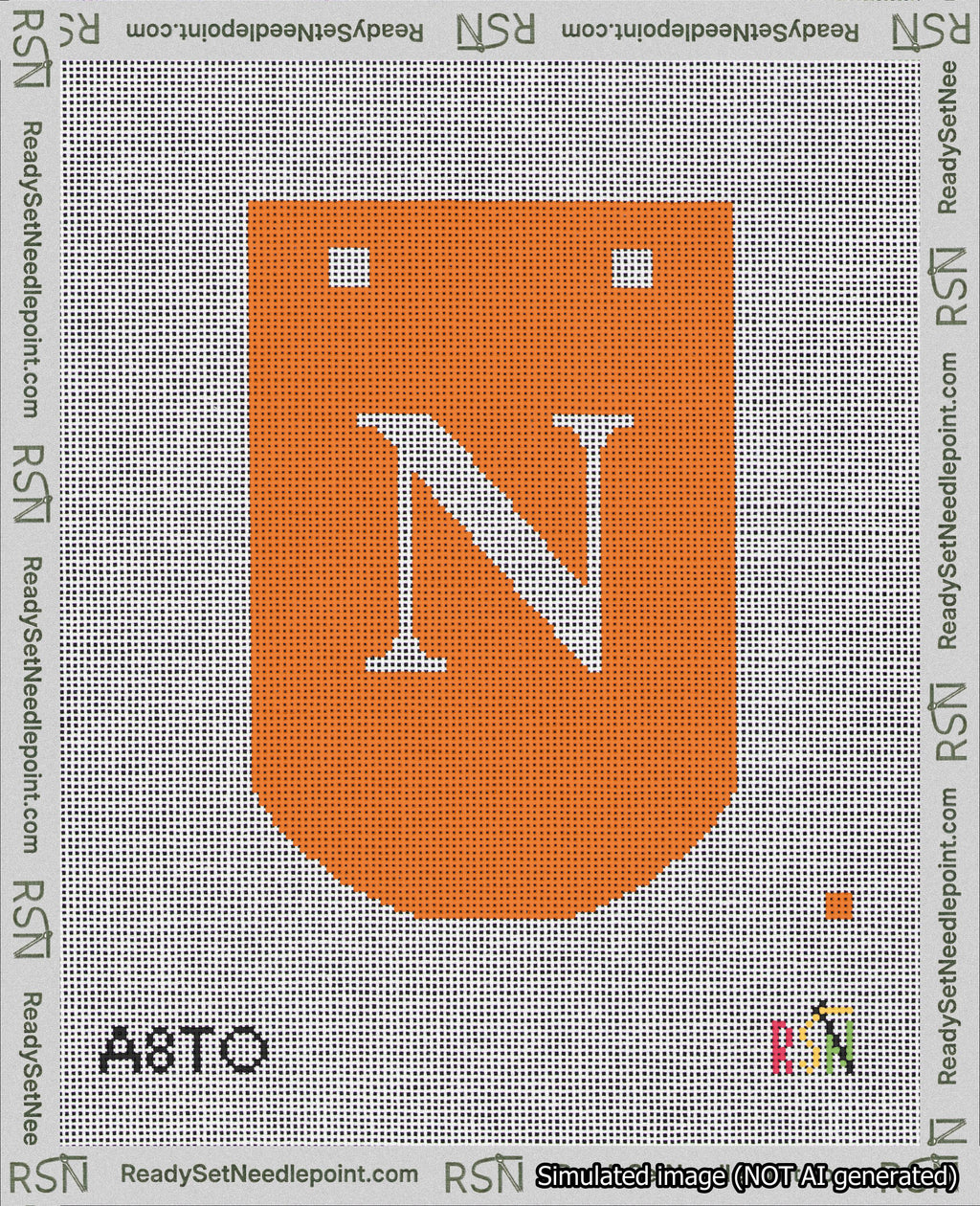 A taped needlepoint canvas with the design: Banner 18 mesh count Curved N White on Orange.