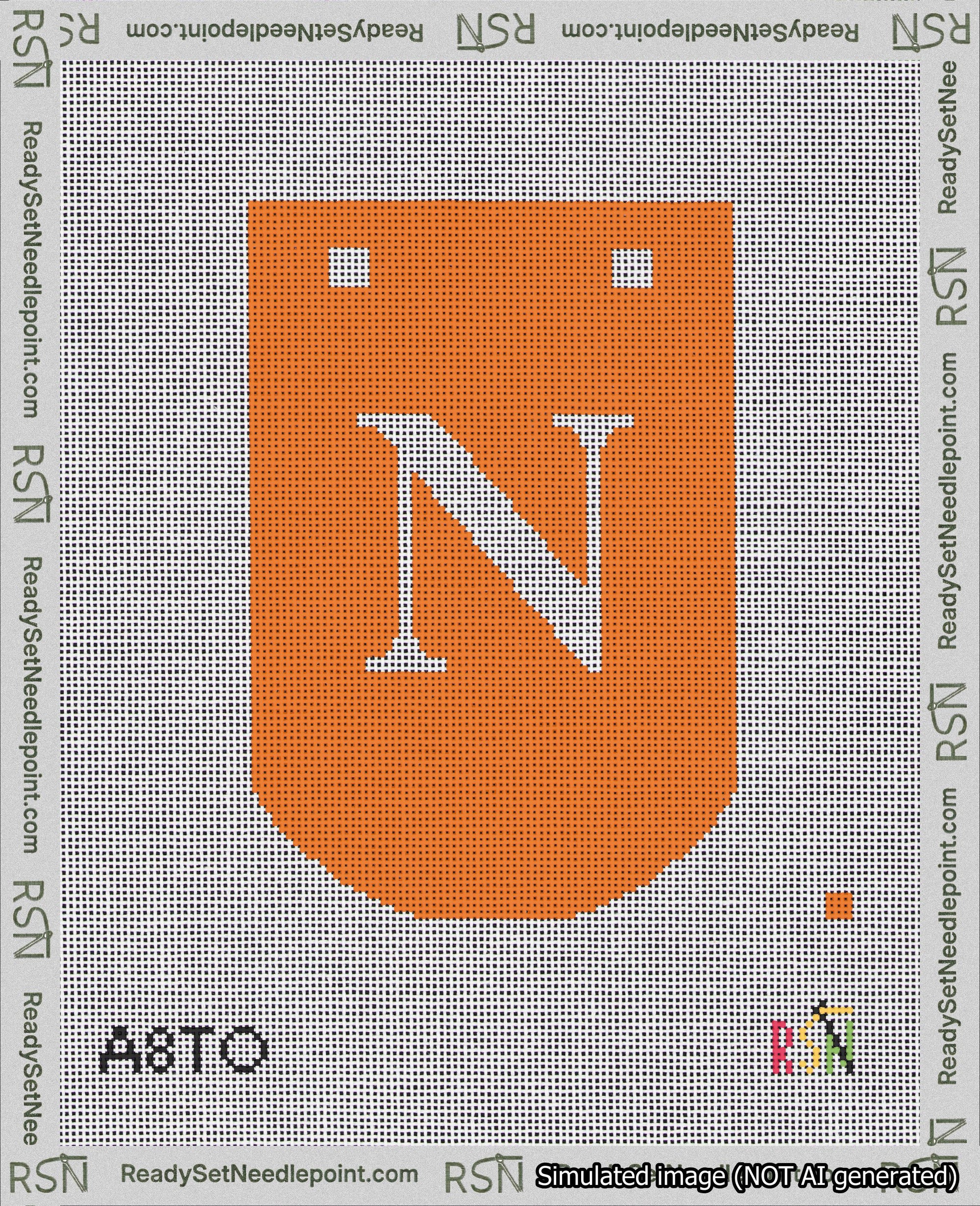 A taped needlepoint canvas with the design: Banner 18 mesh count Curved N White on Orange.