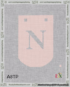 A taped needlepoint canvas with the design: Banner 18 mesh count Curved N White on Pink.