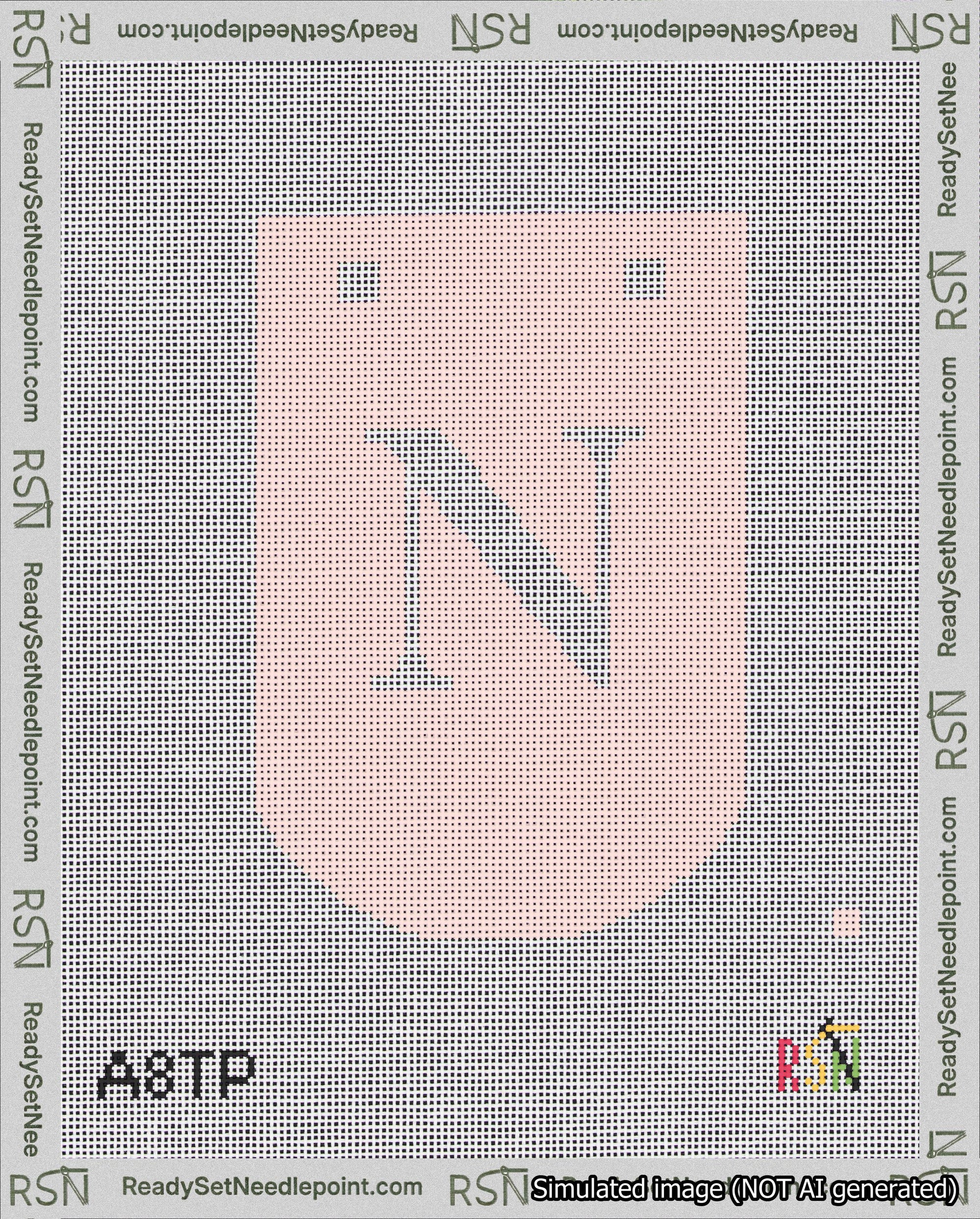 A taped needlepoint canvas with the design: Banner 18 mesh count Curved N White on Pink.