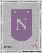 A taped needlepoint canvas with the design: Banner 18 mesh count Curved N White on Purple.