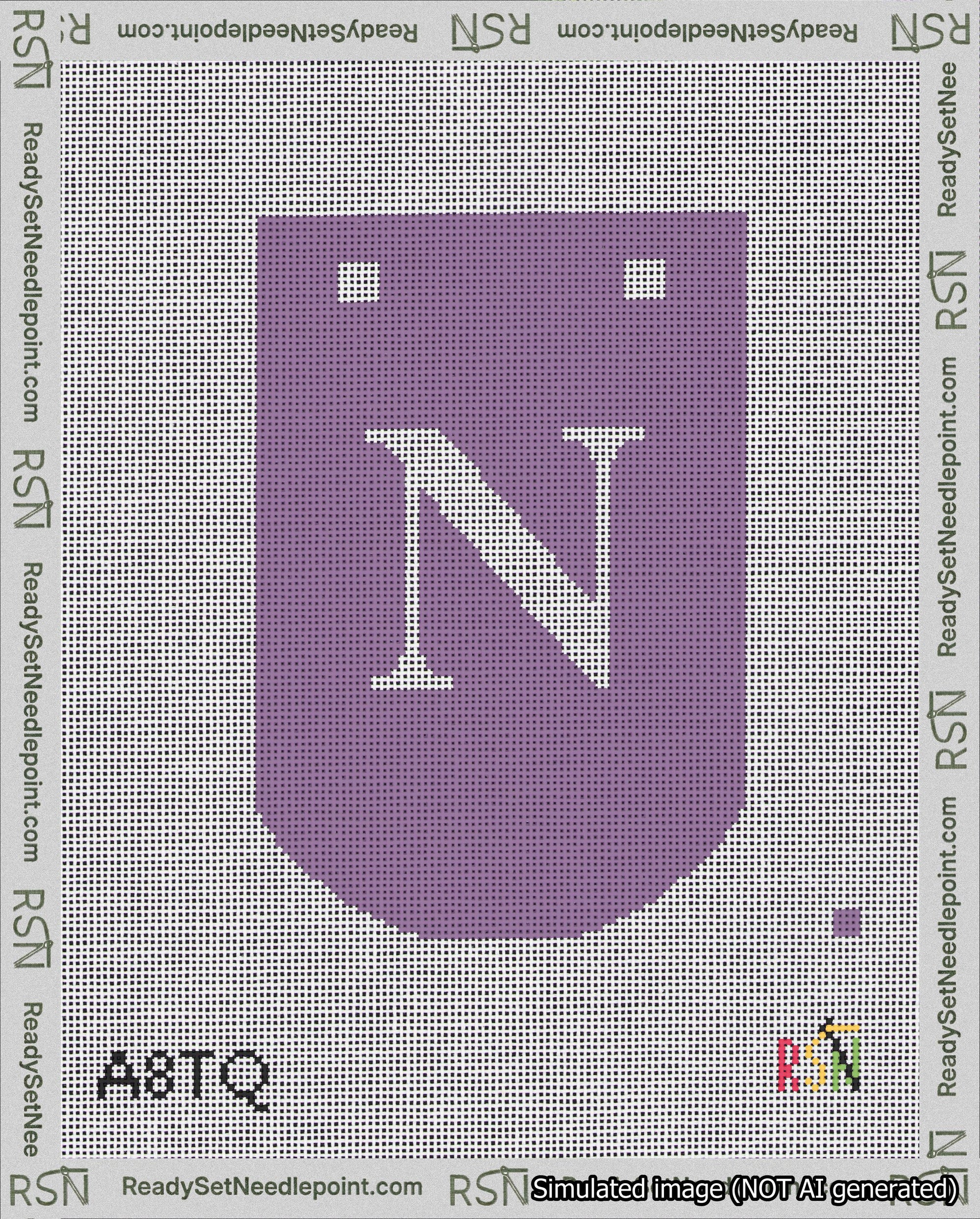 A taped needlepoint canvas with the design: Banner 18 mesh count Curved N White on Purple.