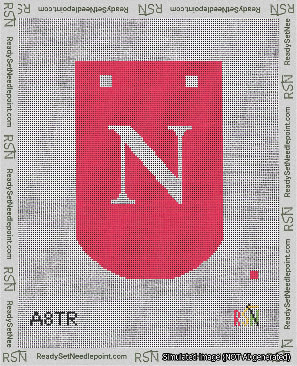 A taped needlepoint canvas with the design: Banner 18 mesh count Curved N White on Red.