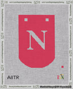 A taped needlepoint canvas with the design: Banner 18 mesh count Curved N White on Red.