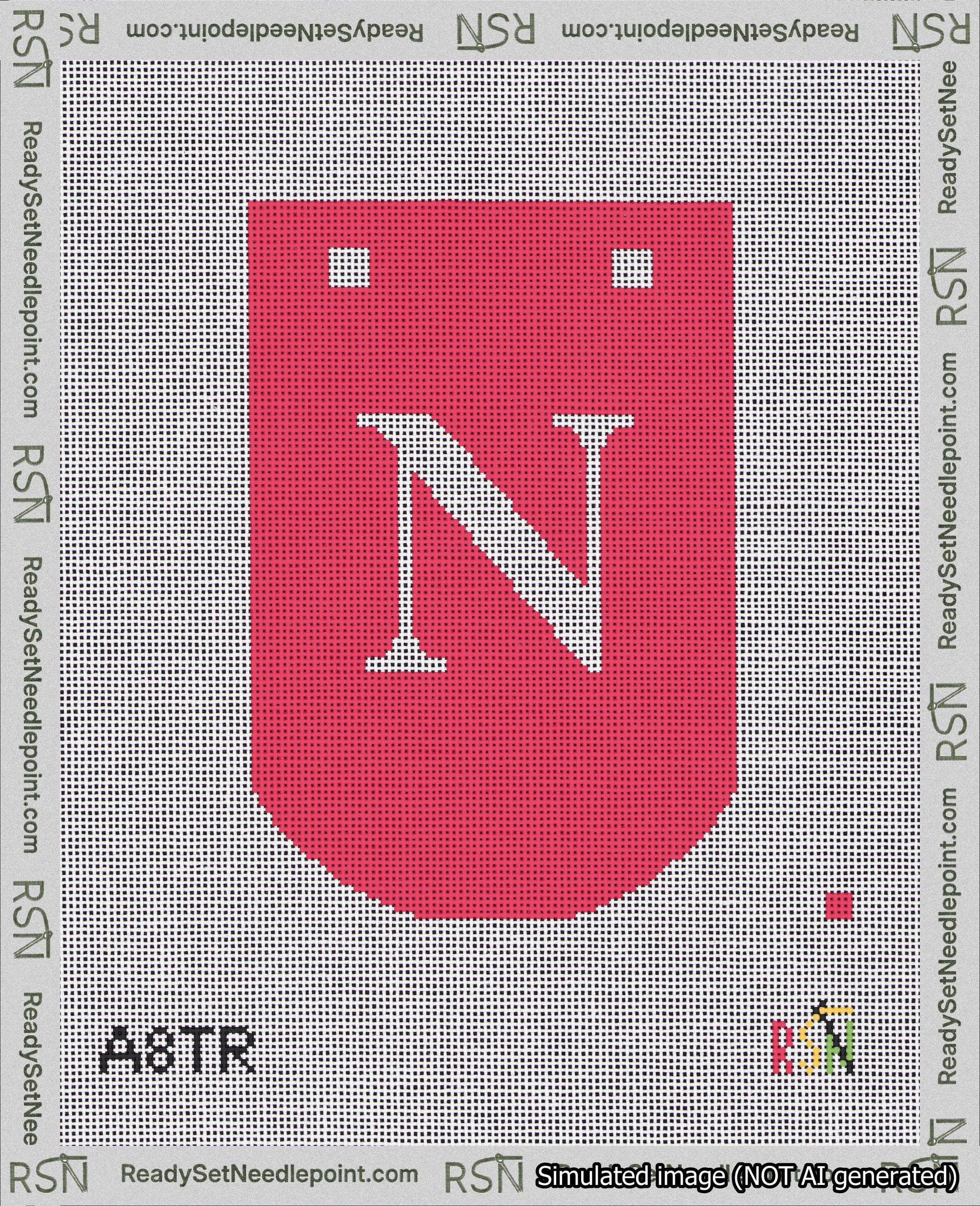 A taped needlepoint canvas with the design: Banner 18 mesh count Curved N White on Red.