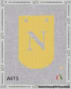 A taped needlepoint canvas with the design: Banner 18 mesh count Curved N White on Yellow.