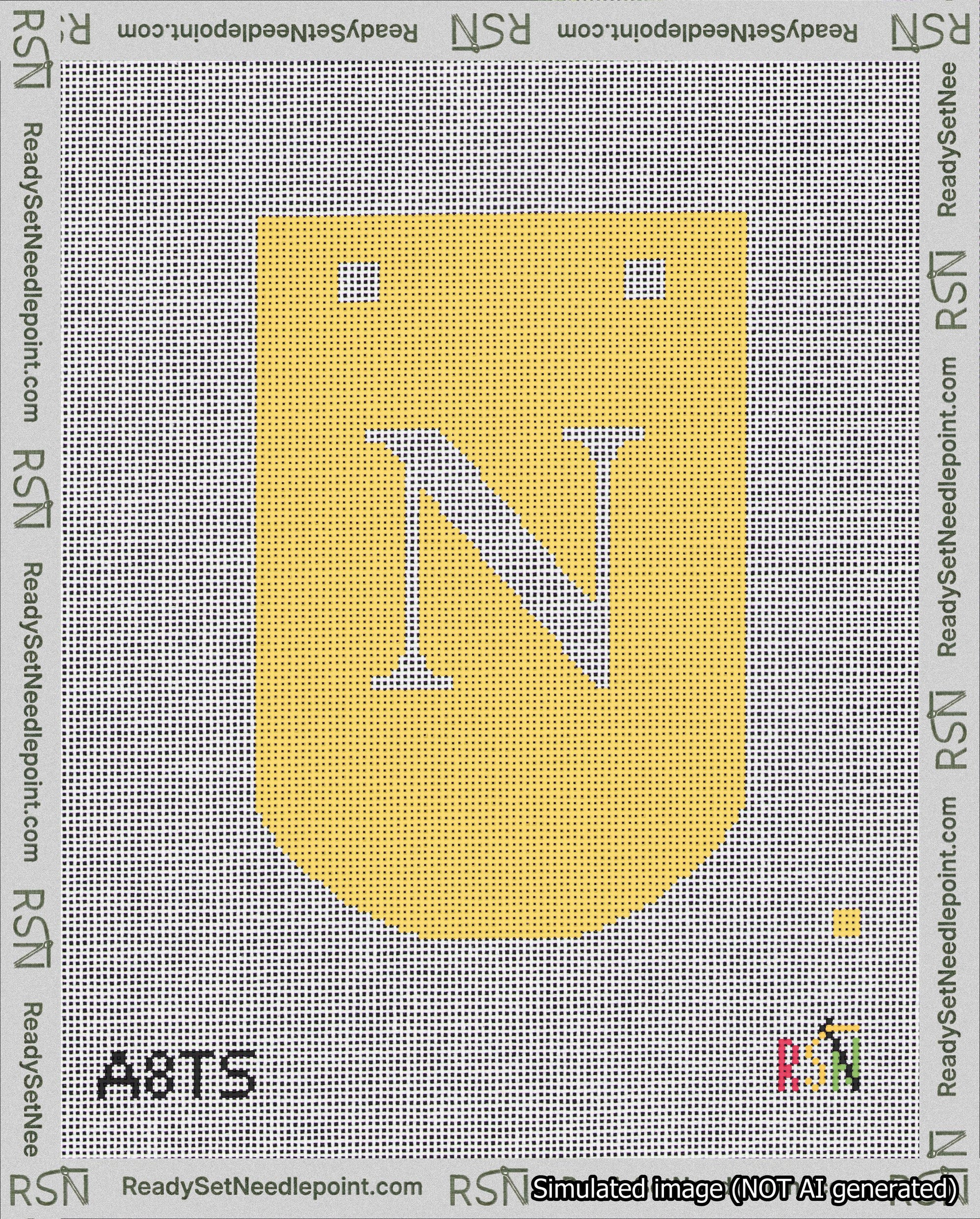 A taped needlepoint canvas with the design: Banner 18 mesh count Curved N White on Yellow.