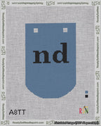 A taped needlepoint canvas with the design: Banner 18 mesh count Curved nd Black on Blue.