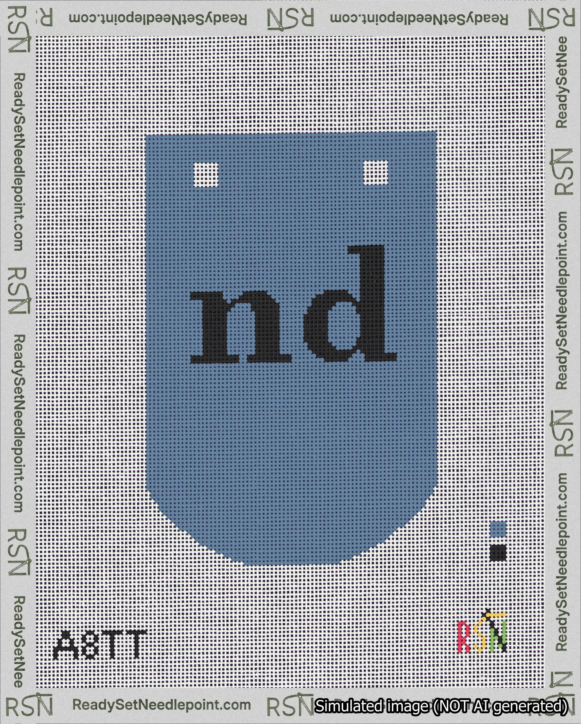 A taped needlepoint canvas with the design: Banner 18 mesh count Curved nd Black on Blue.