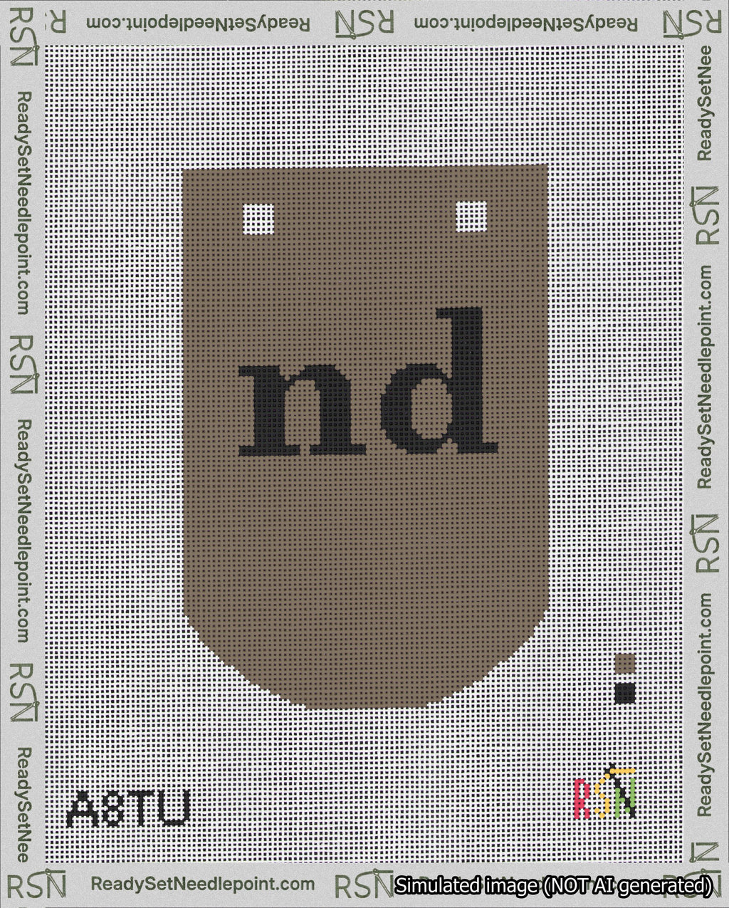 A taped needlepoint canvas with the design: Banner 18 mesh count Curved nd Black on Brown.