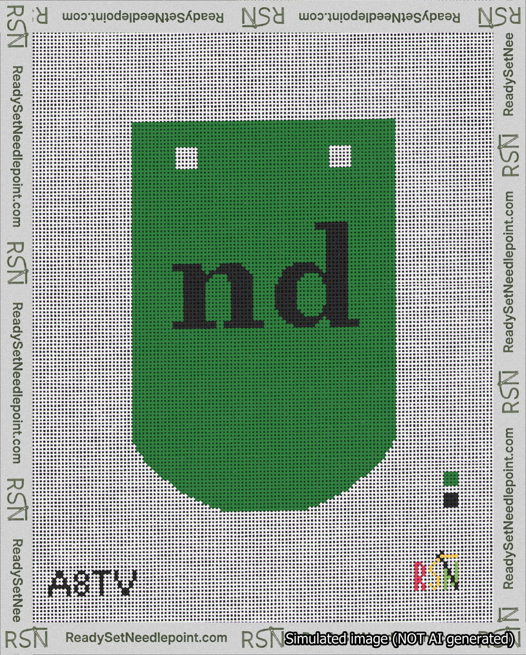 A taped needlepoint canvas with the design: Banner 18 mesh count Curved nd Black on Green.