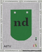 A taped needlepoint canvas with the design: Banner 18 mesh count Curved nd Black on Green.