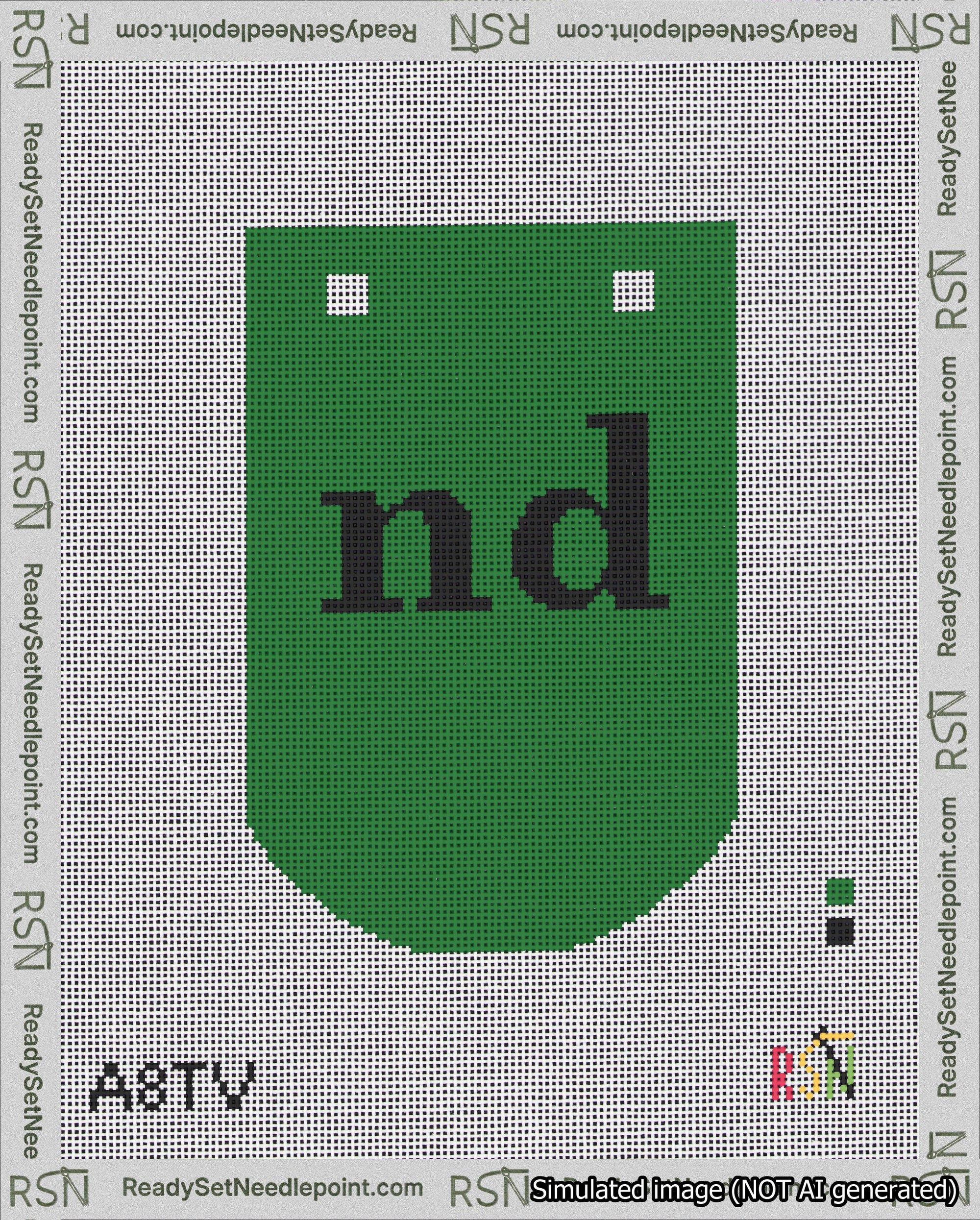 A taped needlepoint canvas with the design: Banner 18 mesh count Curved nd Black on Green.