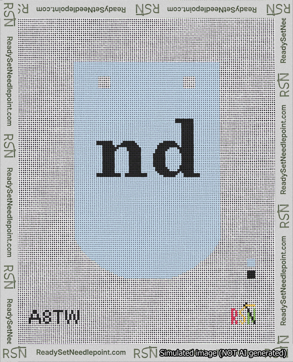 A taped needlepoint canvas with the design: Banner 18 mesh count Curved nd Black on Light Blue.