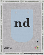 A taped needlepoint canvas with the design: Banner 18 mesh count Curved nd Black on Light Blue.