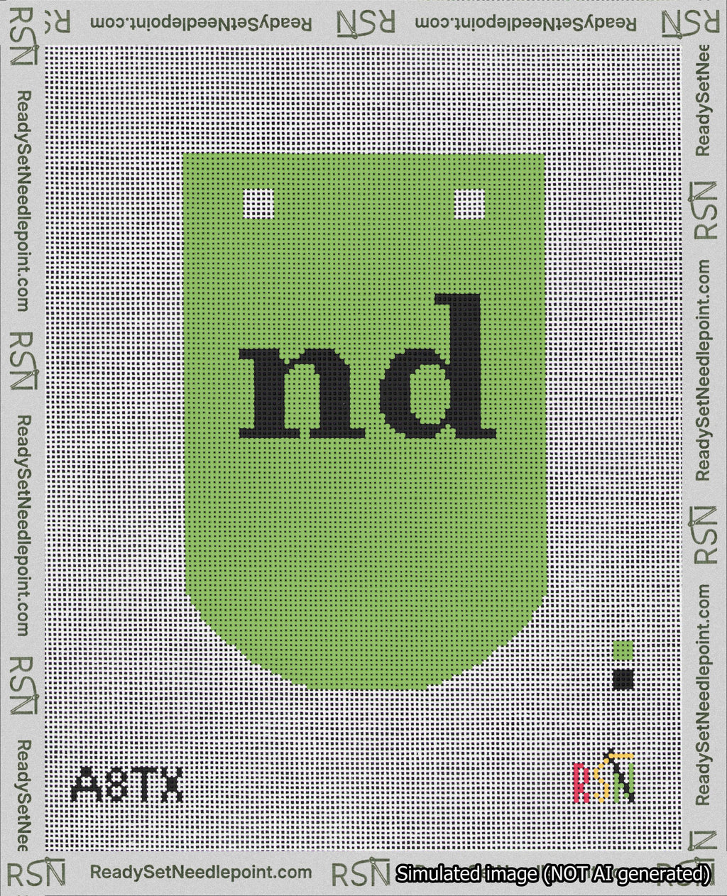 A taped needlepoint canvas with the design: Banner 18 mesh count Curved nd Black on Light Green.