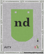 A taped needlepoint canvas with the design: Banner 18 mesh count Curved nd Black on Light Green.