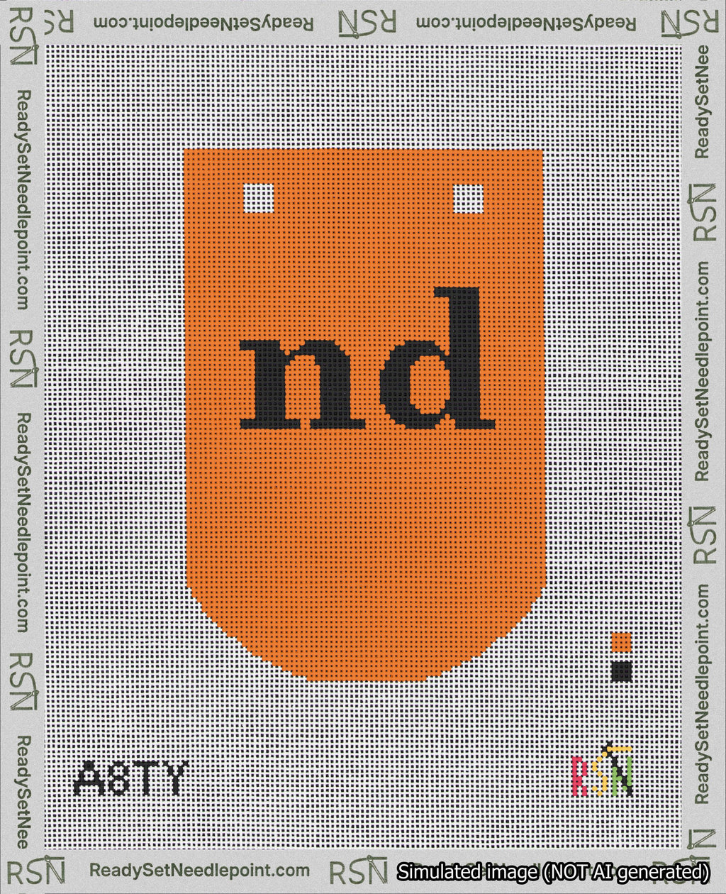 A taped needlepoint canvas with the design: Banner 18 mesh count Curved nd Black on Orange.