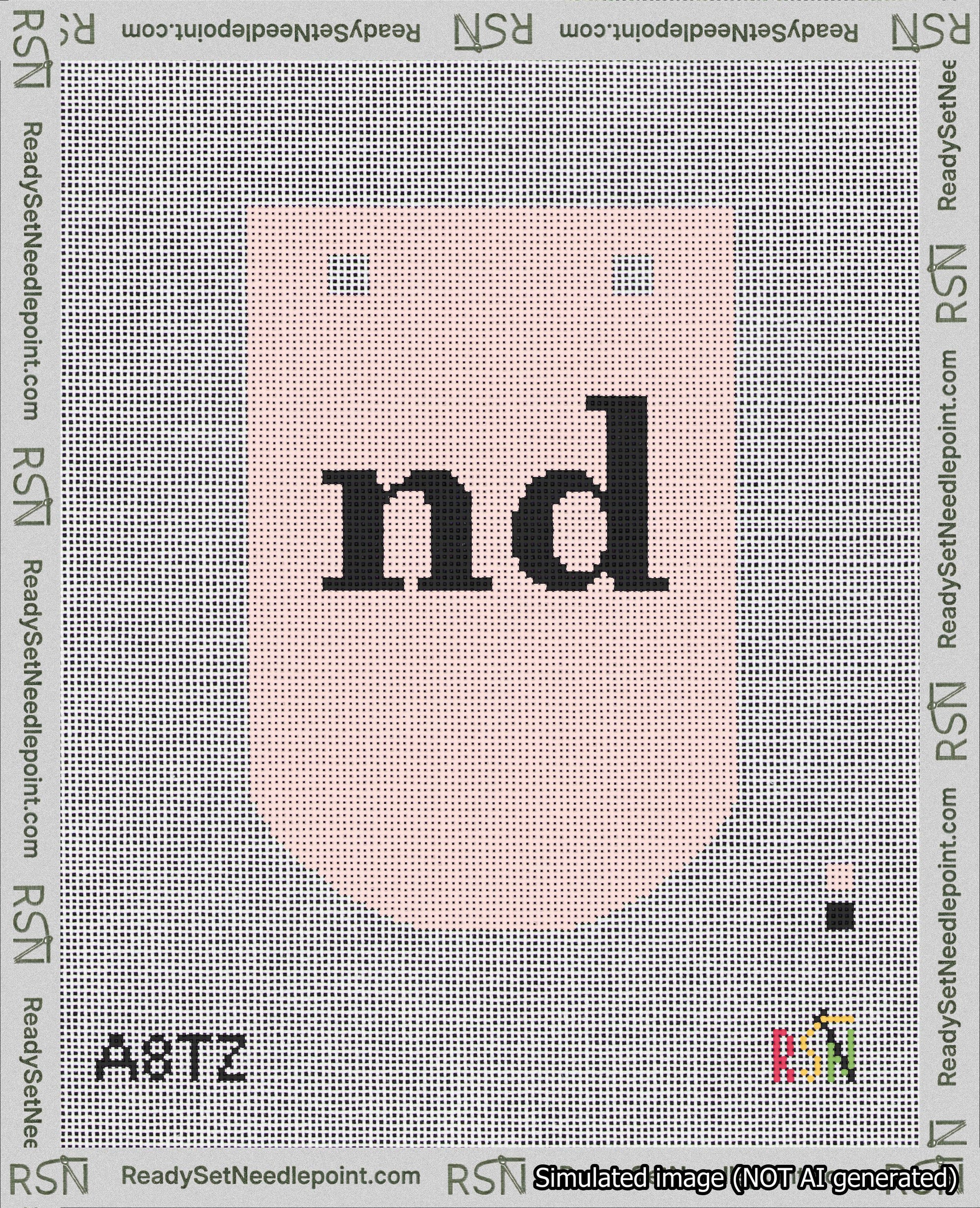 A taped needlepoint canvas with the design: Banner 18 mesh count Curved nd Black on Pink.