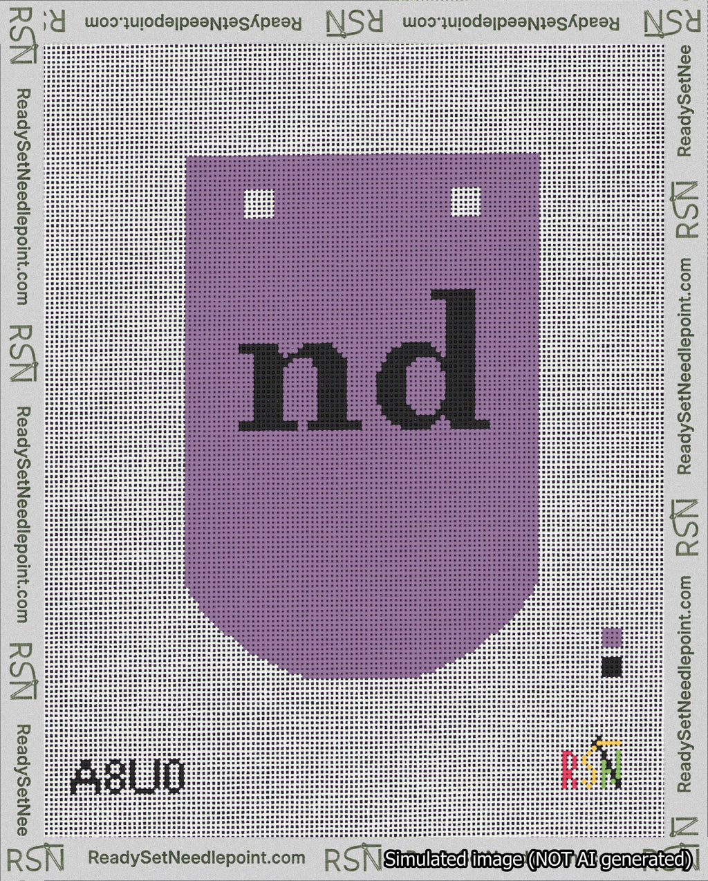 A taped needlepoint canvas with the design: Banner 18 mesh count Curved nd Black on Purple.