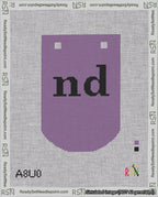 A taped needlepoint canvas with the design: Banner 18 mesh count Curved nd Black on Purple.