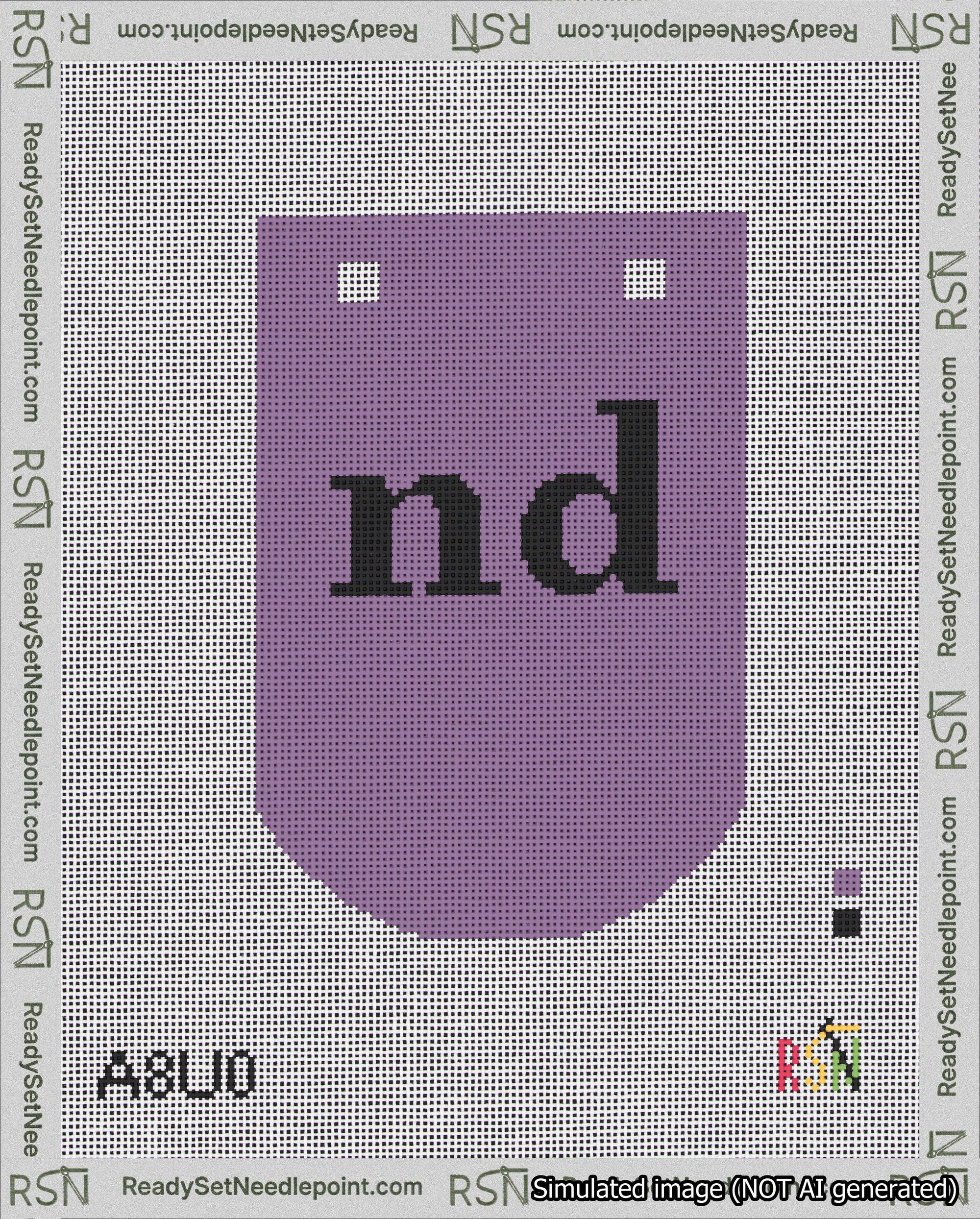 A taped needlepoint canvas with the design: Banner 18 mesh count Curved nd Black on Purple.