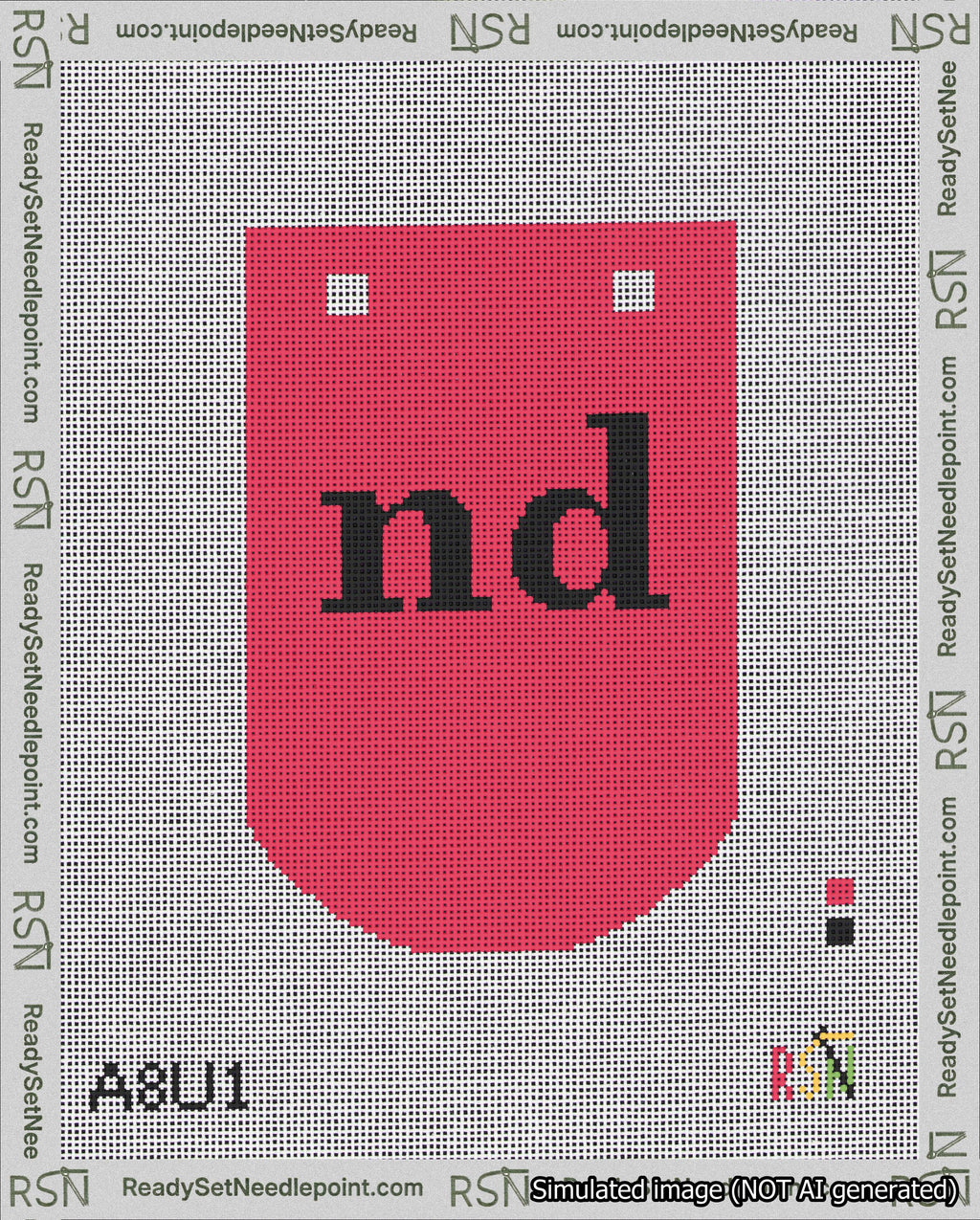 A taped needlepoint canvas with the design: Banner 18 mesh count Curved nd Black on Red.