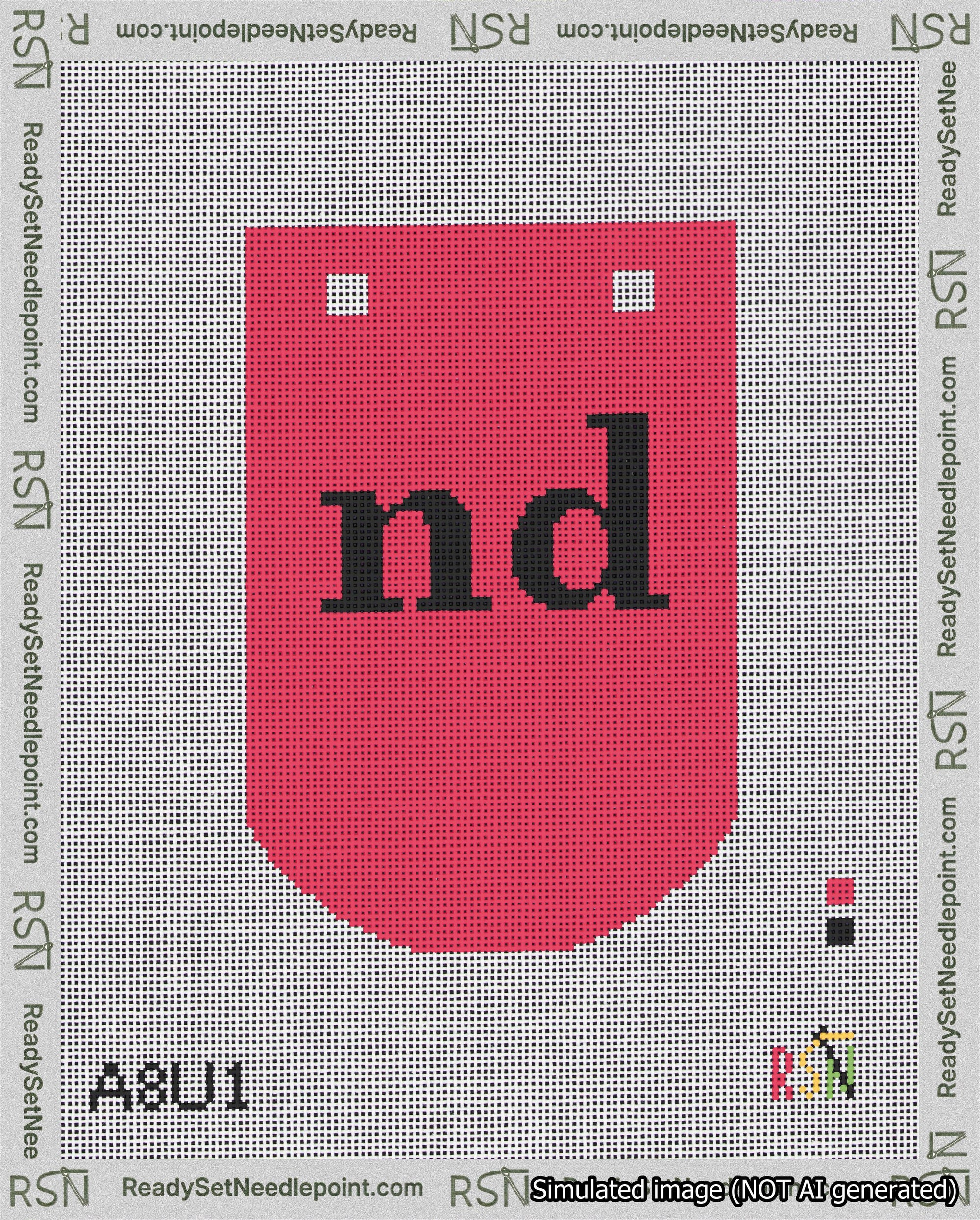 A taped needlepoint canvas with the design: Banner 18 mesh count Curved nd Black on Red.
