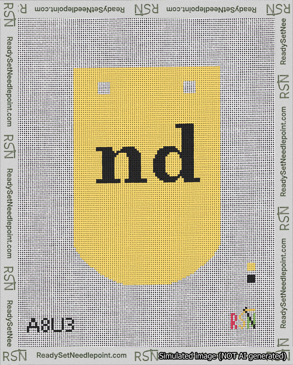 A taped needlepoint canvas with the design: Banner 18 mesh count Curved nd Black on Yellow.