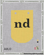 A taped needlepoint canvas with the design: Banner 18 mesh count Curved nd Black on Yellow.