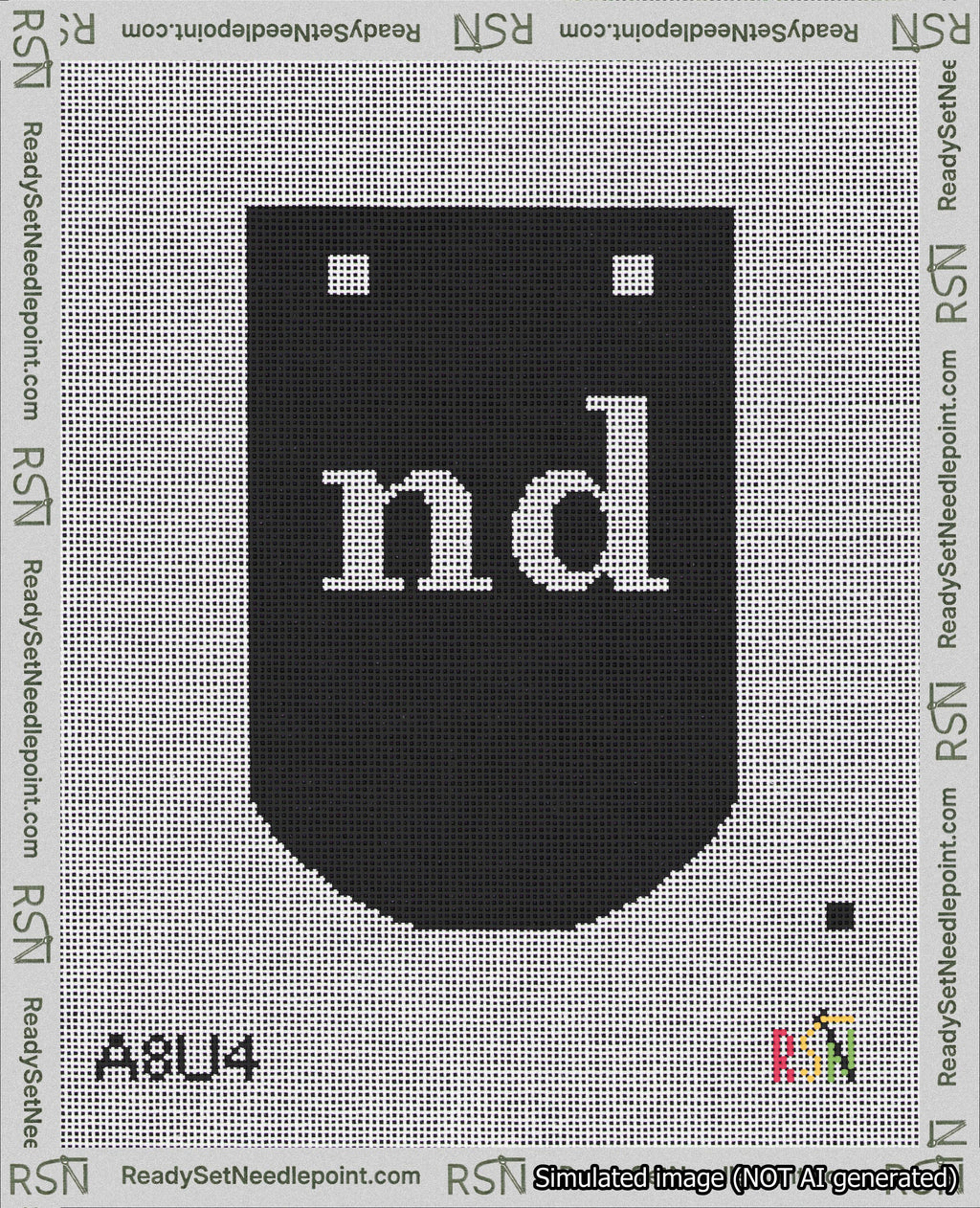 A taped needlepoint canvas with the design: Banner 18 mesh count Curved nd White on Black.