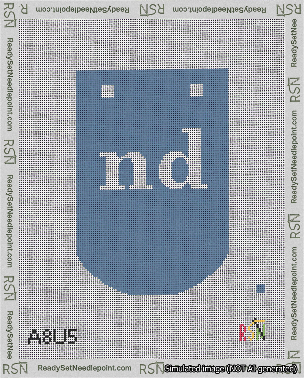 A taped needlepoint canvas with the design: Banner 18 mesh count Curved nd White on Blue.