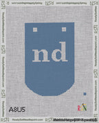 A taped needlepoint canvas with the design: Banner 18 mesh count Curved nd White on Blue.